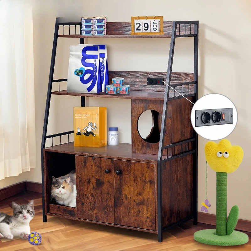 Cat Litter Box Enclosure w/ 3 Shelves and Doors, 3 in 1 Large Cat House Cabinet Wood Cat Washroom