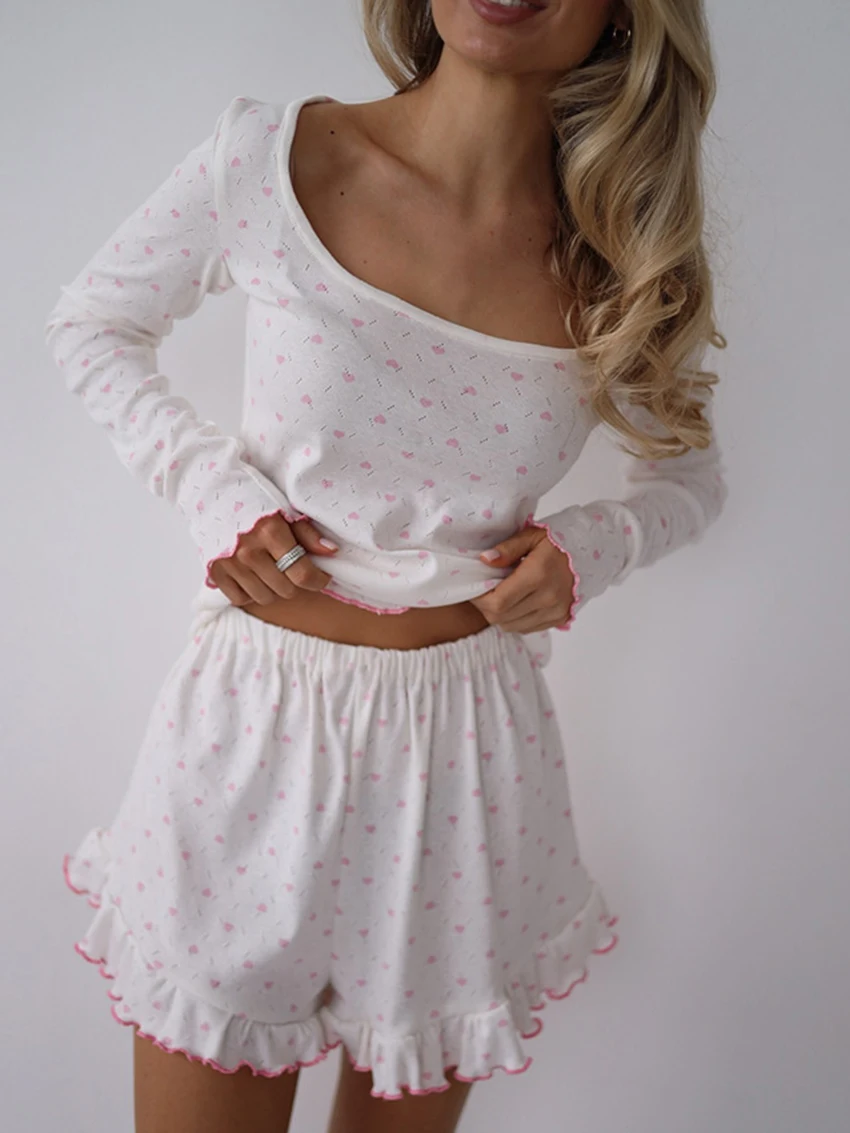 Marthaqiqi Casual Women Nightgown Set Square Collar Pajama Crop Top Sleepwear Long Sleeve Nightie Shorts Printing Nightwear Suit