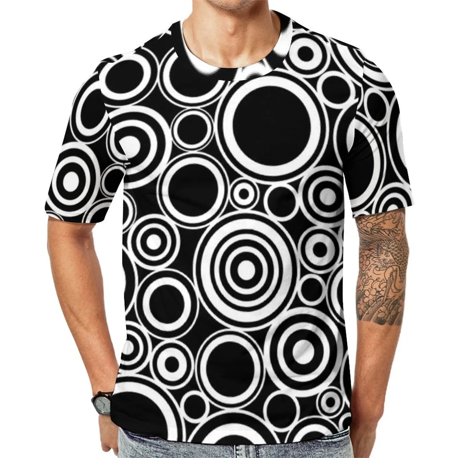 Black White Circles T-Shirt Geometric Retro Retro T-Shirts Men Streetwear Tshirt Summer Short Sleeve Design Tops Plus Size