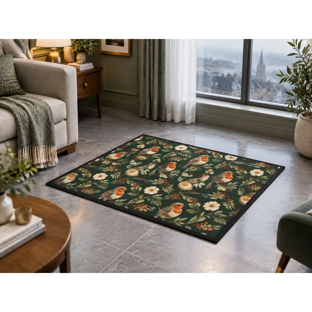 VIKAMA British Forest Cream Robin Flannel Door Mat, Soft Washable Hallway Mat, UK Home Decor for Kitchen, Utility Room