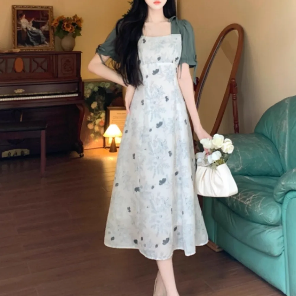 Retro Blumendruck Maxi Dr Gentle ort Sve Patchwork Damen Sommer Dr Korean Sle Commute Bubble Sve Square Co...