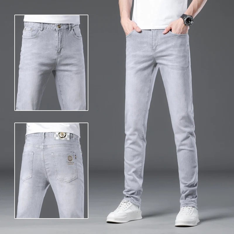 2024 estate cotone stretch sottile grigio chiaro jeans uomo slim fit dritto all-match pantaloni casual di fascia alta di lusso leggero