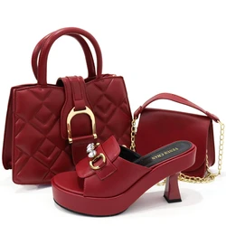 Wine Color Matching Shoes and Bag Set Decorated with Rhinestone African Shoe and Bag Set for Party In Women Nigerian Shoes Bag