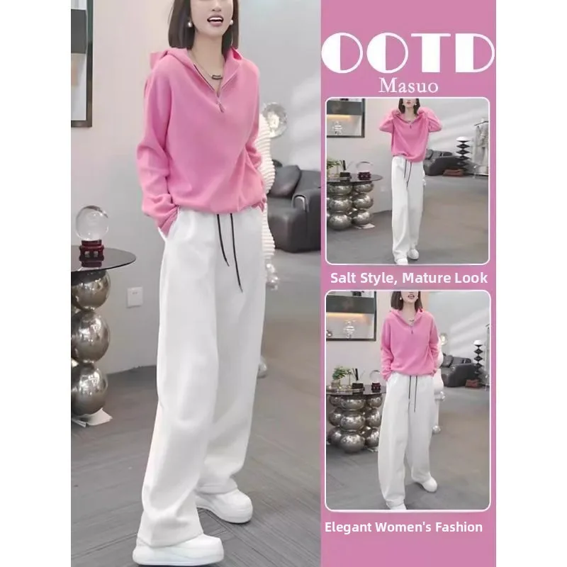 

Весна-Осень 2025 г. Женский комплект Ultra Alli Розовый топ с капюшоном и широкими брюками Антивозрастной весь комплект Модная повседневная одежда