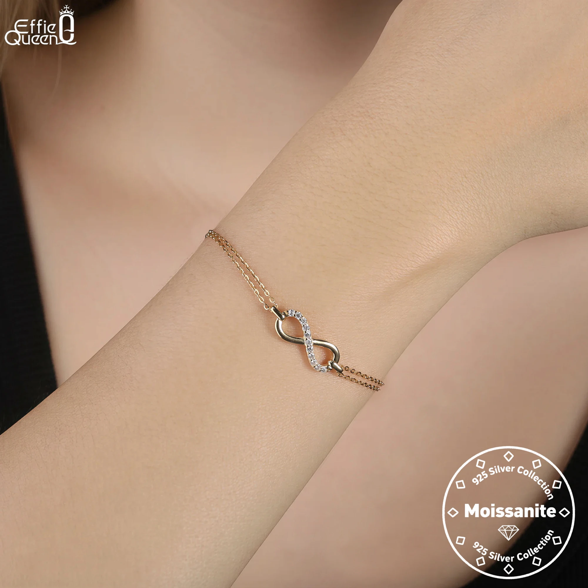 

EFFIE QUEEN 925 Solid Sterling Silver 14k Gold Moissanite Infinite Chain Bracelet Simple Jewelry for Women, Men Banquet MOB06