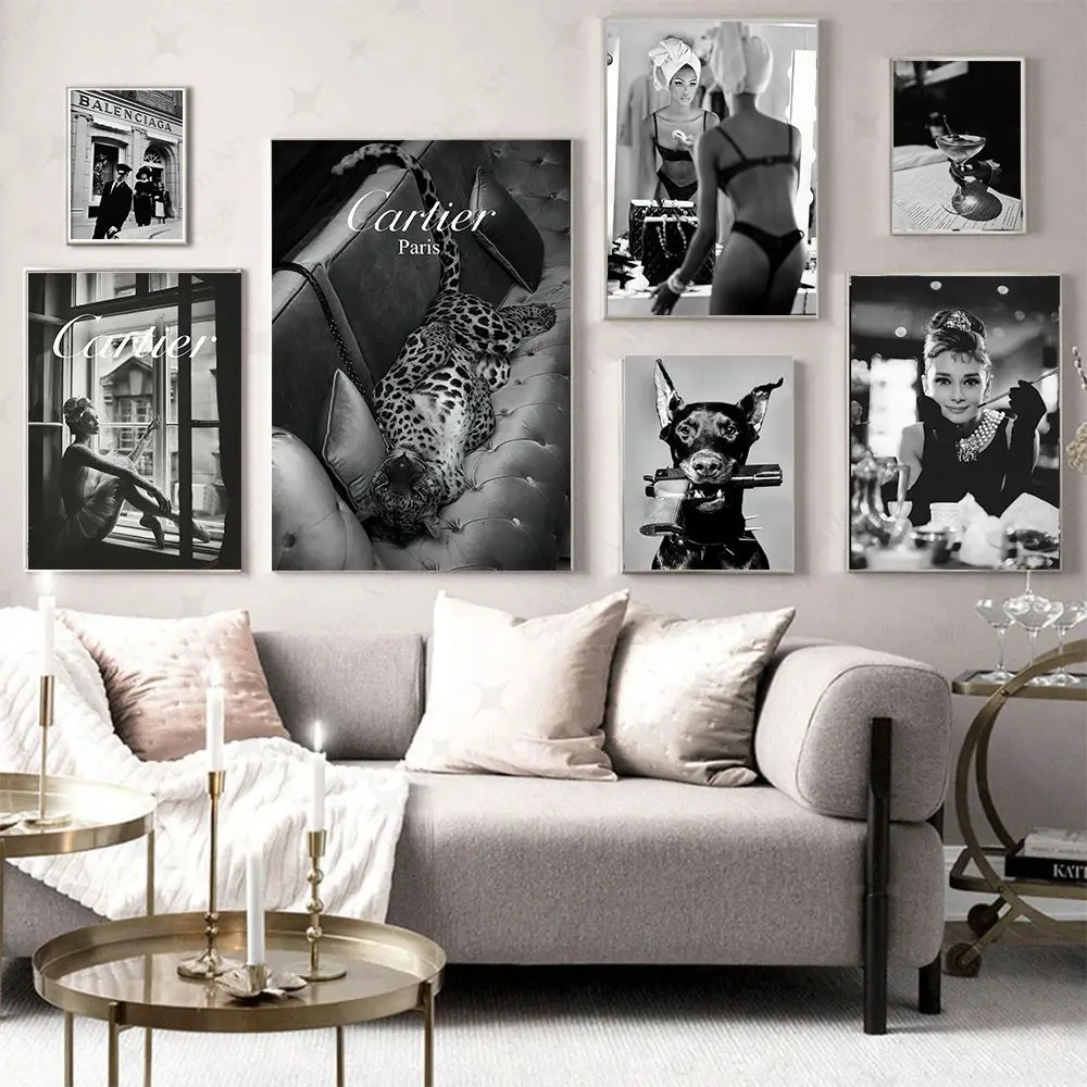 

Black and White Fashion Star Dog Poster Sexy Woman Hepburn Wall Art Canvas Printing Nordic Pictures Print Living Room Home Decor
