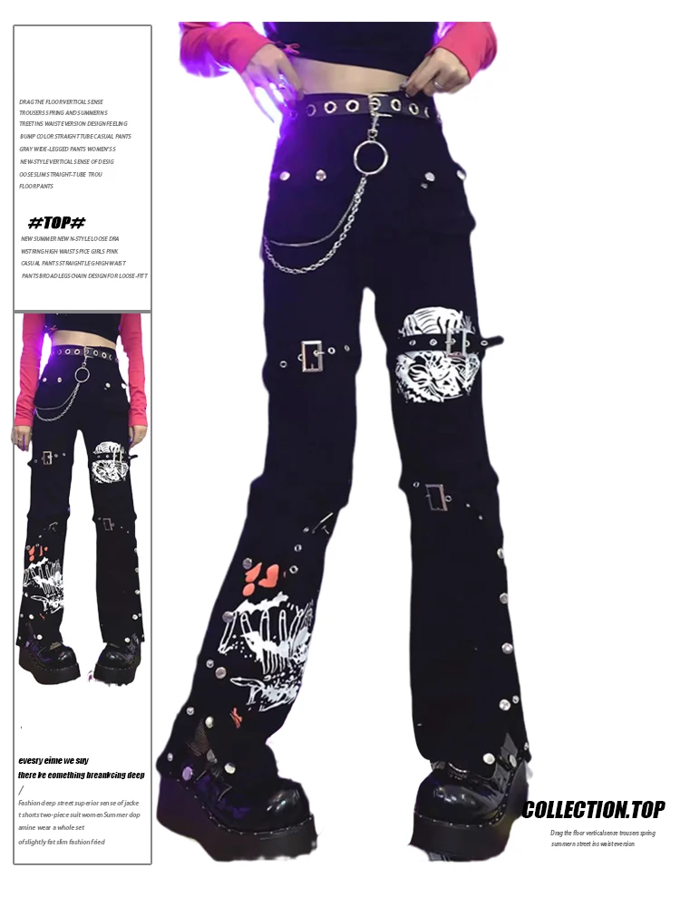 Women Black Gothic Cargo Jeans Baggy Harajuku Denim Trouser Y2k Japanese 2000s Style Emo Wide Jean Pants Vintage Trashy Clothes