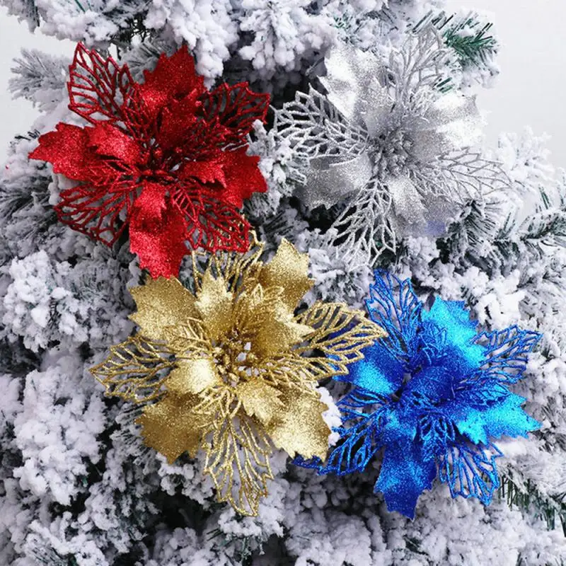 10Pcs 9-16cm Artificial Christmas Flowers Xmas Tree Decoration Glitter Red Poinsettia Flowers For Home Navidad New Year Ornament