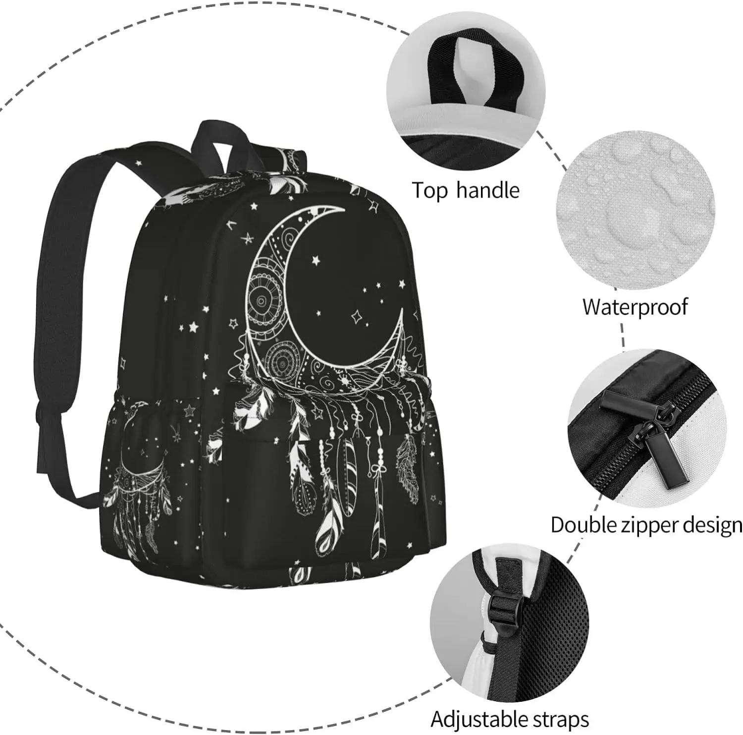 Boho Moon Magic Dreamcatcher Casual Daypack Men Women Polyester Laptop Bag with Side Pockets Bookbag for Travel Hiking Student