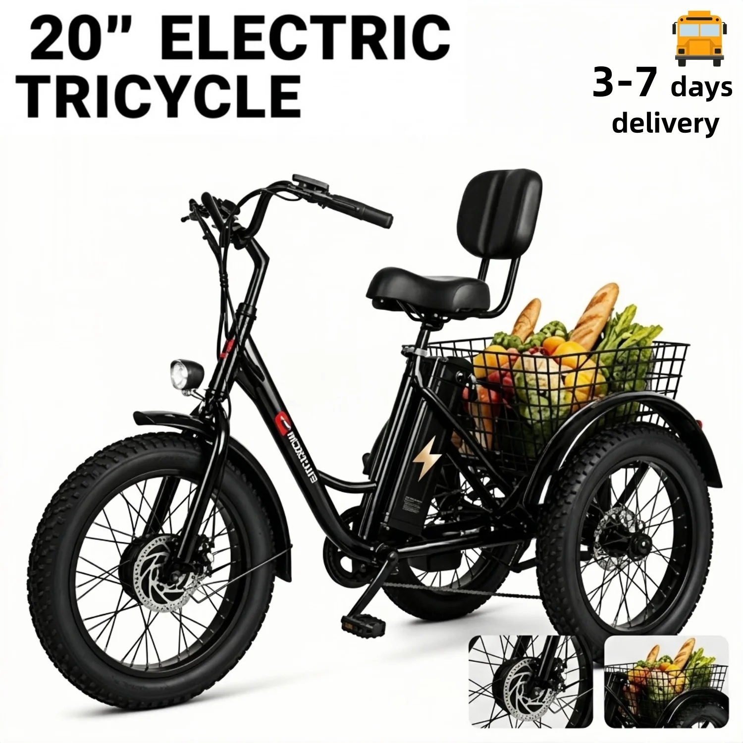 Adult Electric Tricycle Features a 500W Motor, a 36V 15AH Battery, 20-inch Tires, and an Extra-large Rear Basket, Making It Ideal for Shopping and Everyday Use
