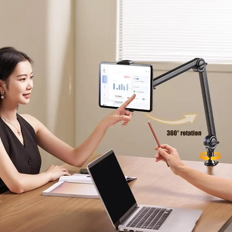 Adjustable Tablets Holder with Clamp Base for Desk, 360 Rotating Aluminum Arm 83CF