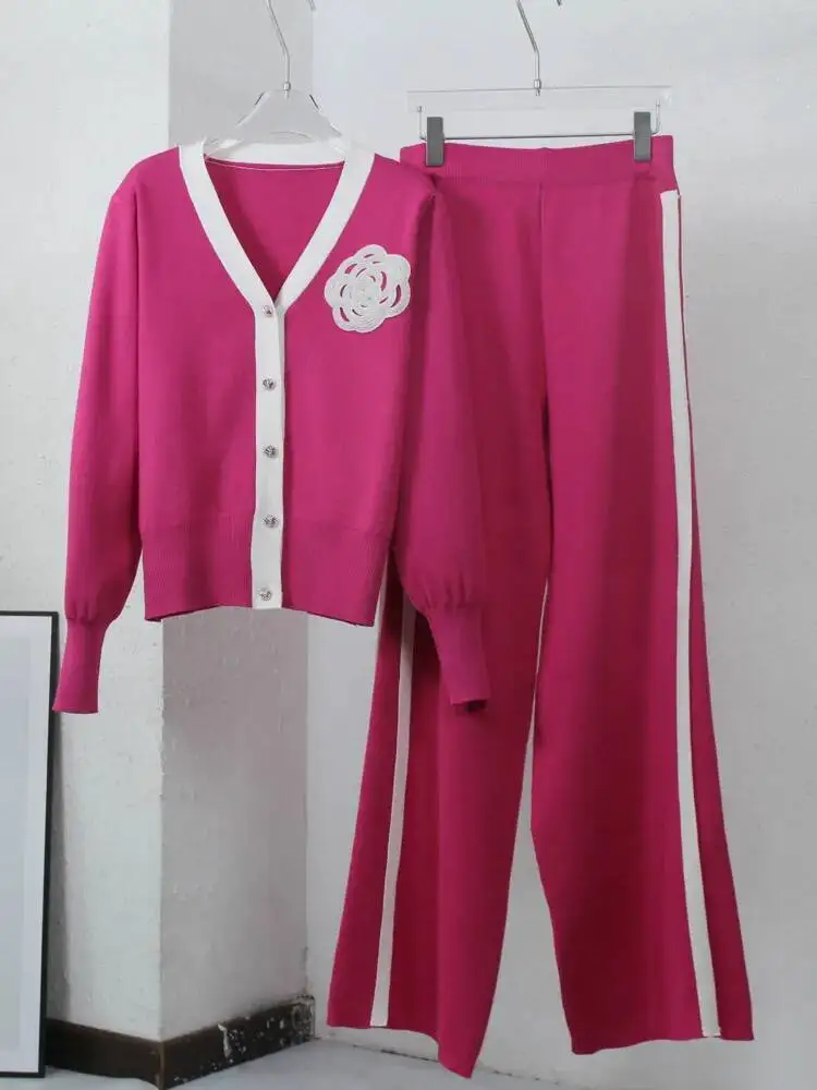 Embroidered Camellia Knitted Cardigan And Wide Leg Pant Two Piece Set 2025 Autumn/Winter New Small Fragrant Fashion Women\'s Sets