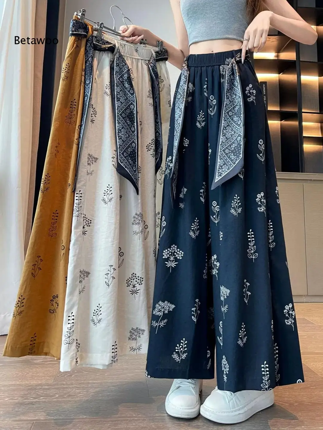 Women Elastic Waist Printed Wide Leg Pants with Decorative Sash Bohemian Loose Fit Long Trousers