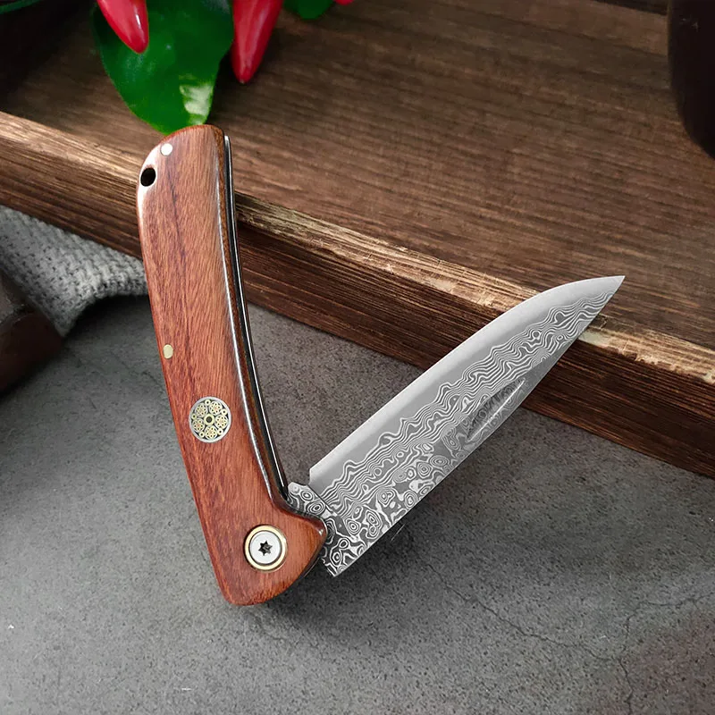Super Sharp Damascus VG10 Steel Pocket Knife Folding Blade Wooden Handle Kitchen Fruit Meat Vegetable Cutting Knife Holiday Gift view 6