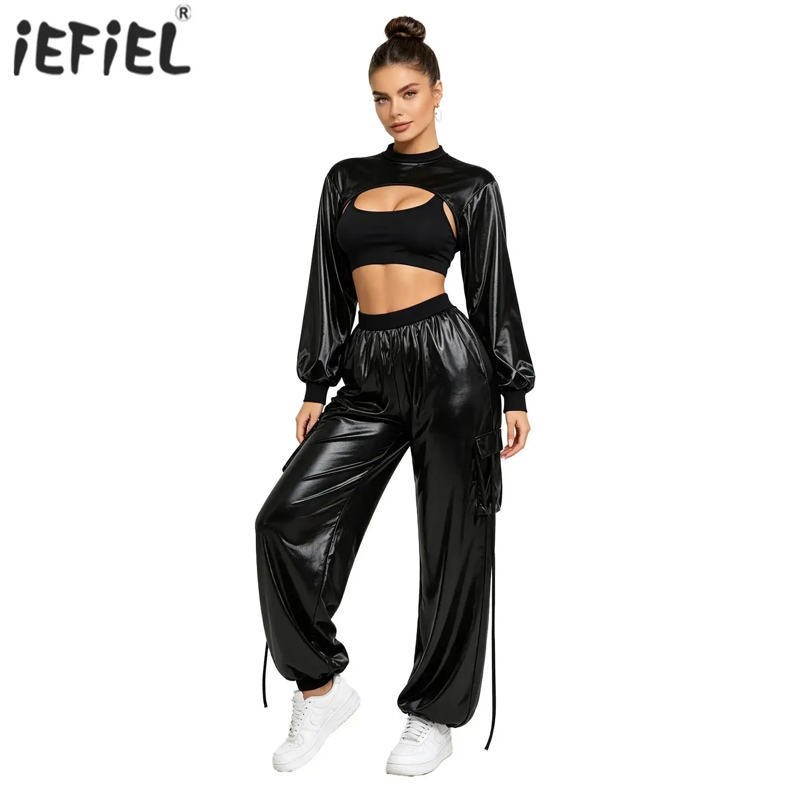 Womens Metallic Shiny Hip Hop Jazz Dance Outfits Performance Disco Costume Long Sleeve Crop Top Printed Band Cargo Jogging Pants