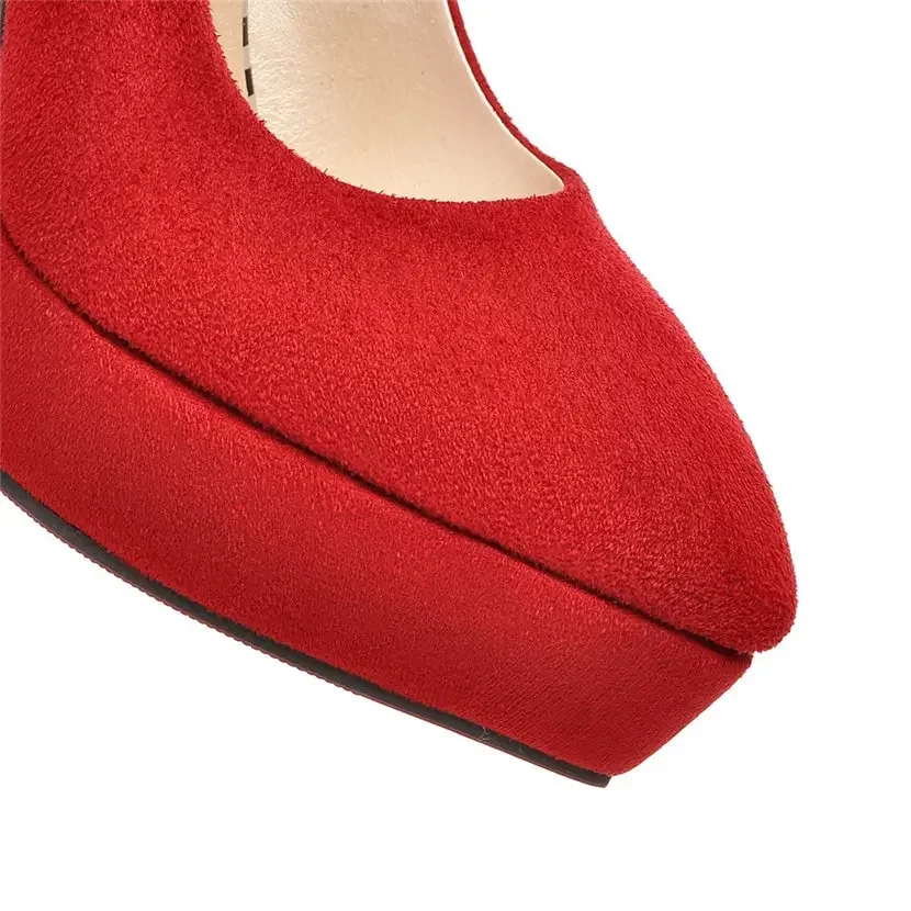 Fashion Women Platform Pumps 13cm High Spike Heel Pointed Toe Blue Red Flock Casual Party Office Lady Sexy Slip-on Thin Stiletto