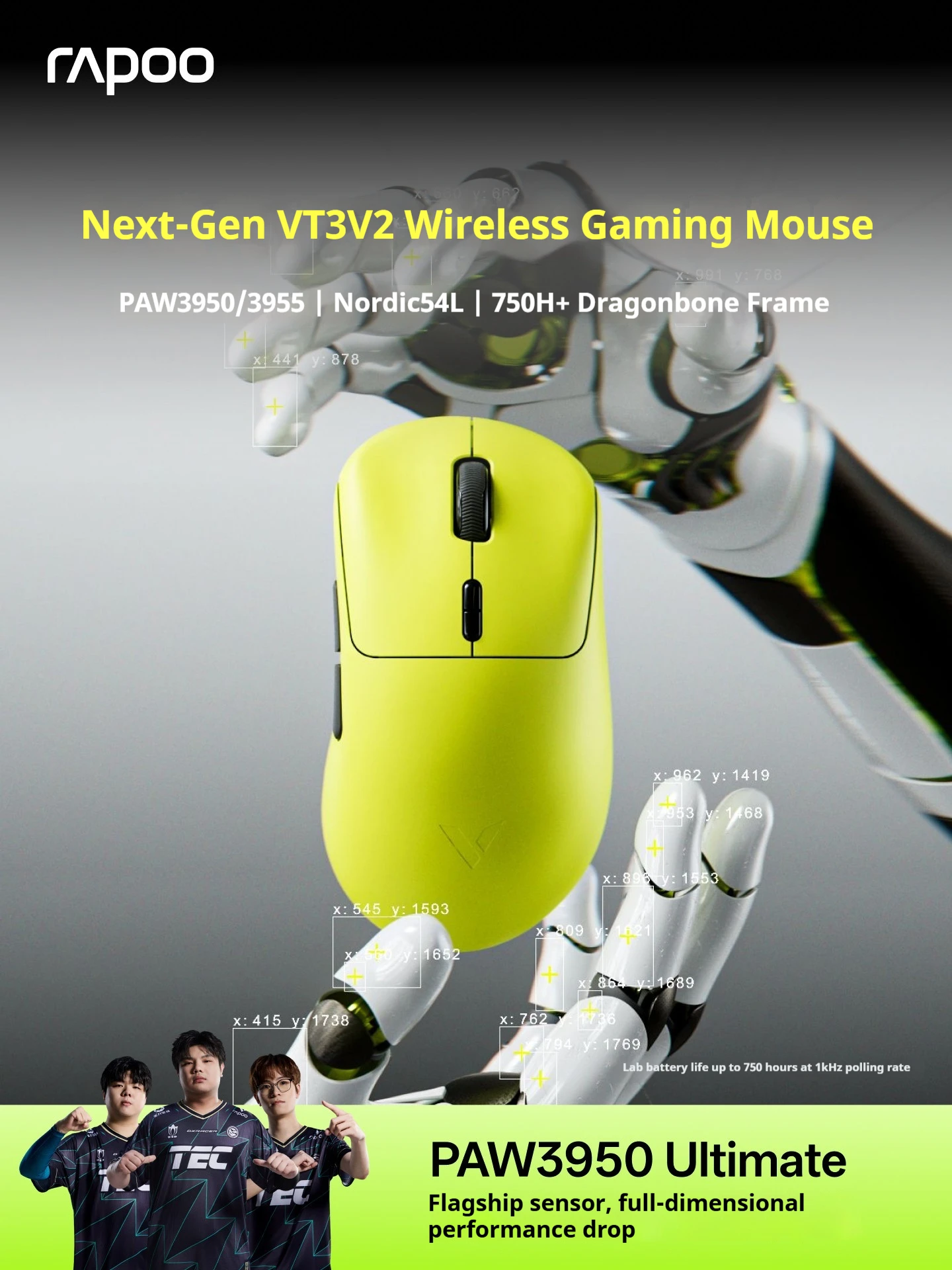 Rapoo VT3 V2 Mouse Two-Mode Wireless PAW3950/3955 Ultimate Sensor Nordic54L 8K Low Latency 55g Lightweight 800mAh Gaming Mouse