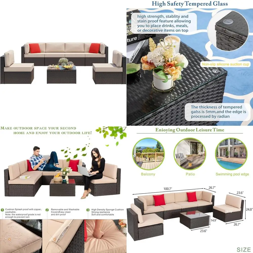 Outdoor Modular Sectional Sofa Set, 7-Piece Patio Furniture, PE Rattan Wicker Conversation Area