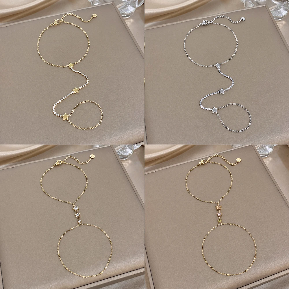 Elegant Dainty Star Cubic Zirconia Gold Color Stainless Steel Waterproof Stackable Hand Chain Attached Ring Bracelet For Ladies