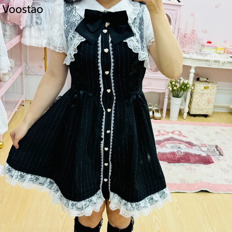 Mini abito stile Lolita gotico giapponese Y2k da donna dolce volant in pizzo falso abiti slim in due pezzi abito da festa con camicia con fiocco vintage