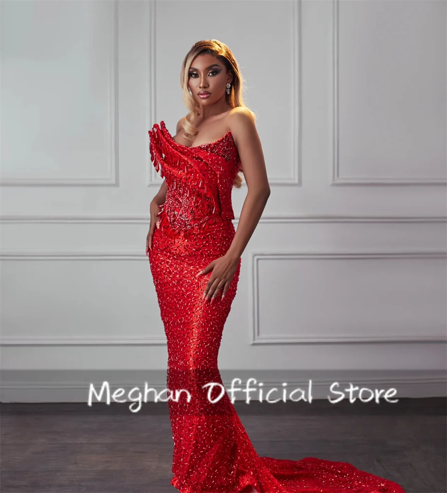 

Red Tassel African Evening Dresses Aso Ebi Sequin Dress Women Elegant Party Bead Crystal Special Occasion Gown Customized