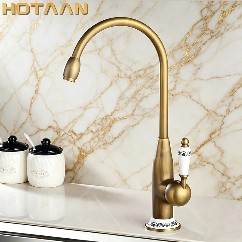 Hotaan Antique Brass Finish Kitchen Faucet  Swivel Basin Faucet 360 Degree Rotation Hot & Cold Water Mixers Tap Copper Made