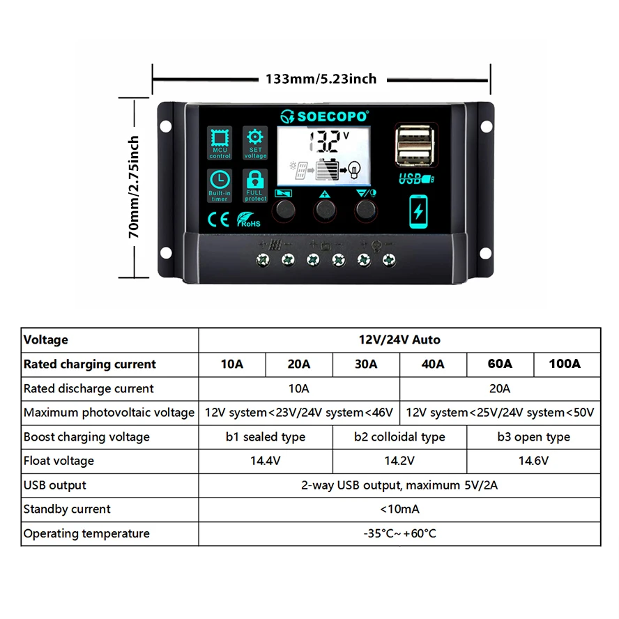 12V/24V 100A Solar Charge Controller AutoSwitch LCD Display with Overcharge/Short Circuit Protection for RV Boat Off-Grid System