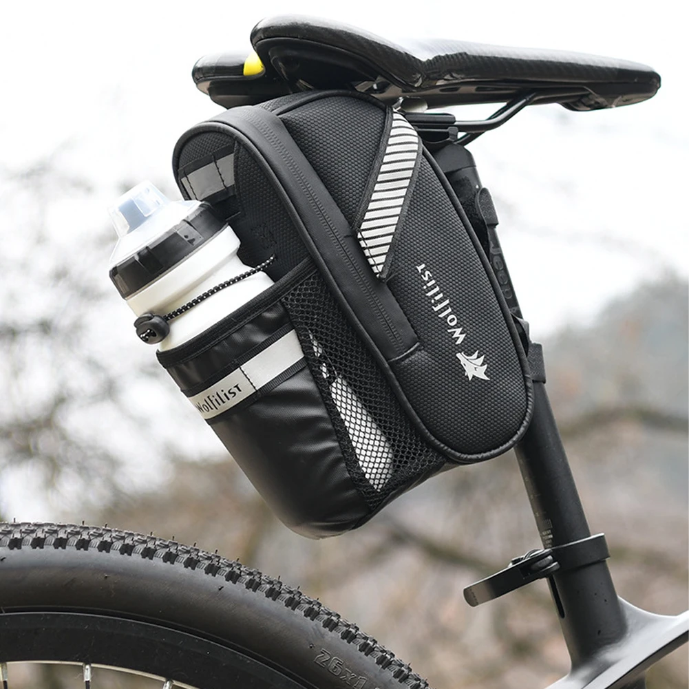 Bike Seat Bag with Water Bottle Holder Bag Reflective Bicycle Saddle Bag Ultra Light Bike Pouch Waterproof Cycling Accessories