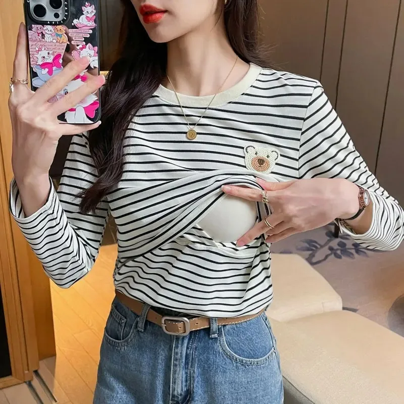 秋冬マタニティ看護tシャツスリム授乳ストライプコットンtシャツ妊婦用ユースy2k妊娠トップス