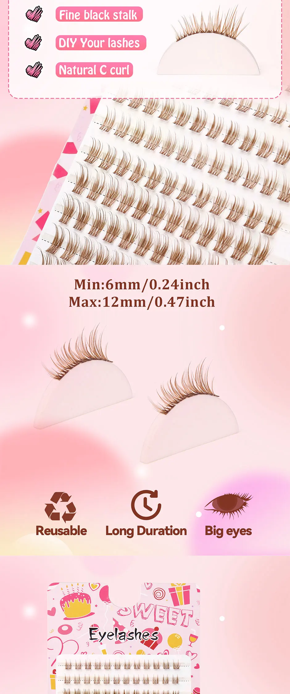 120 Cluster, braune künstliche Wimpern, natürlich flauschig, fächerförmige Wimperncluster, bequem und leicht, süß und niedlich, geeignet für das tägliche Make-up, großes Volumen, für Anfänger geeignet, goldbraune Farbe – Detail 2