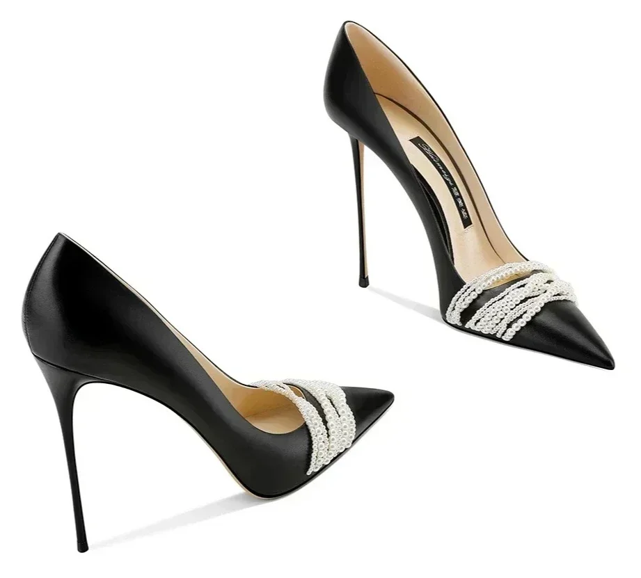 

2025 Red High Heels Genuine Leather Pointed Black Slim Heels Women's Shoes Gift