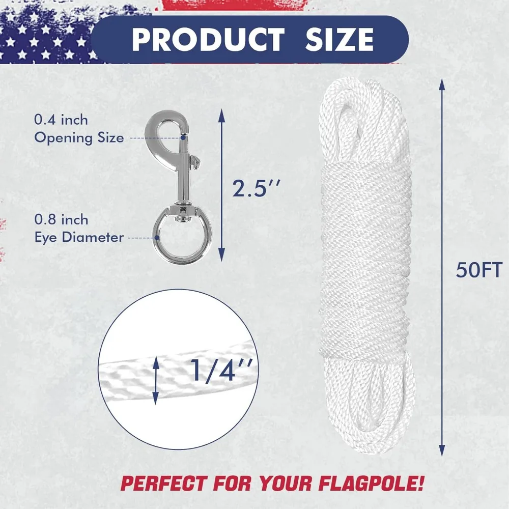مجموعة أدوات عمود العلم - حبل هاليار 50 قدم مع 4 قطع خطافات دوارة لعربة العلم الخارجية والتخييم وحبل الغسيل ومقود الكلاب