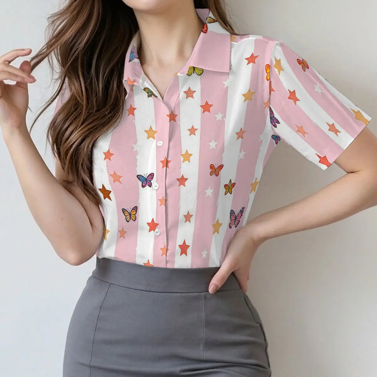 

Women's summer vertical striped shirt with star & butterfly print, fresh and sweet, age-reducing outfit for dating.