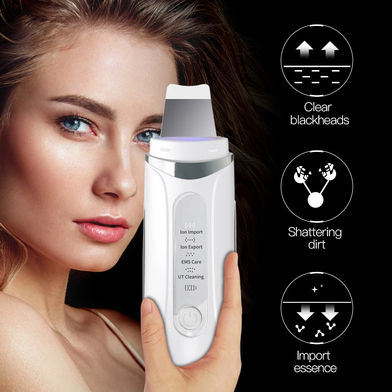 Ultrasonic Sonic Skin Scrubber Machine, Uso Doméstico, Limpador de Poros Facial, Visando Rosto, Nariz, Olhos, Reino Unido, UE, AU, EUA Made, ABS, Atacado