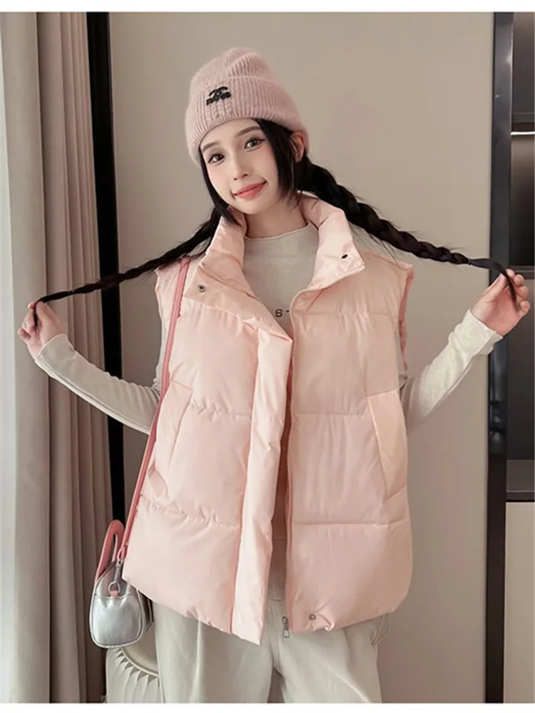 

Loose Short Cotton Vest Winter Jackets 2025 Fashion New Women's Waistcoat Stand Collar Pockes Sleeveless Casual Student Vests