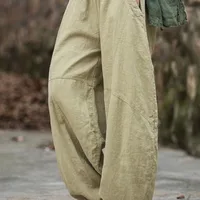 Elegant Women's Cotton Linen Baggy Cargo y2k Pants Vintage Elastic Waist Trousers Loose Casual Long Wide Leg Oversize Clothes - Image 3