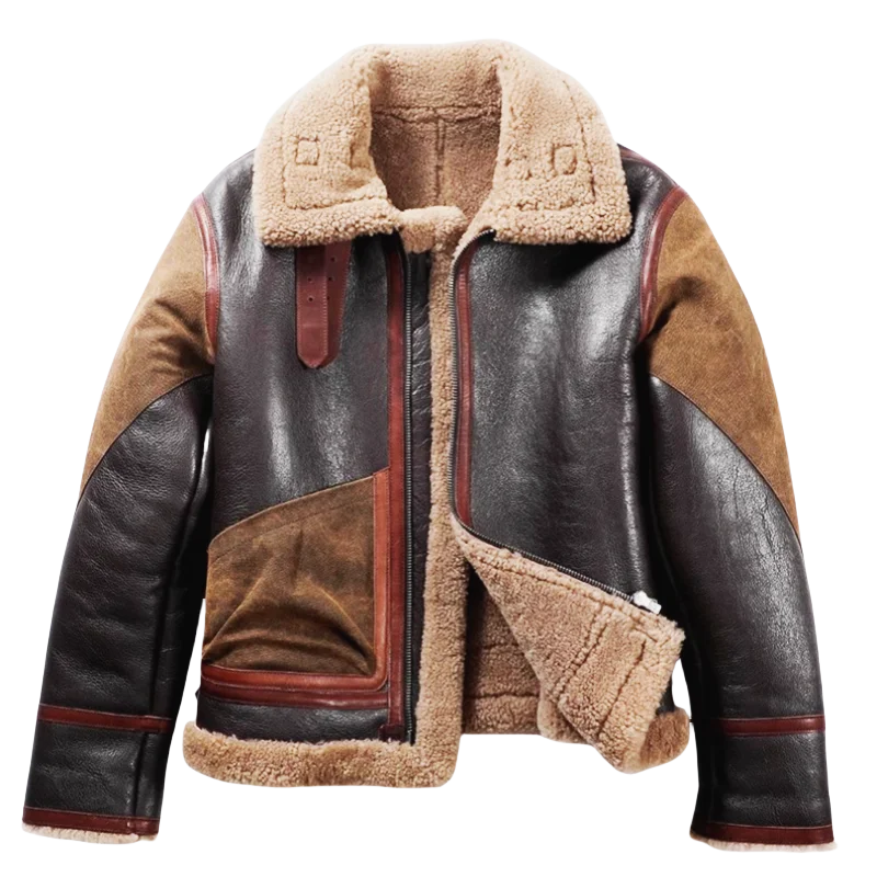 Men's B3 Shearling-lined Pilot Leather Jacket, Vintage Washed Ins-style Horsehide Real Fur Biker Coat plus size 6xl