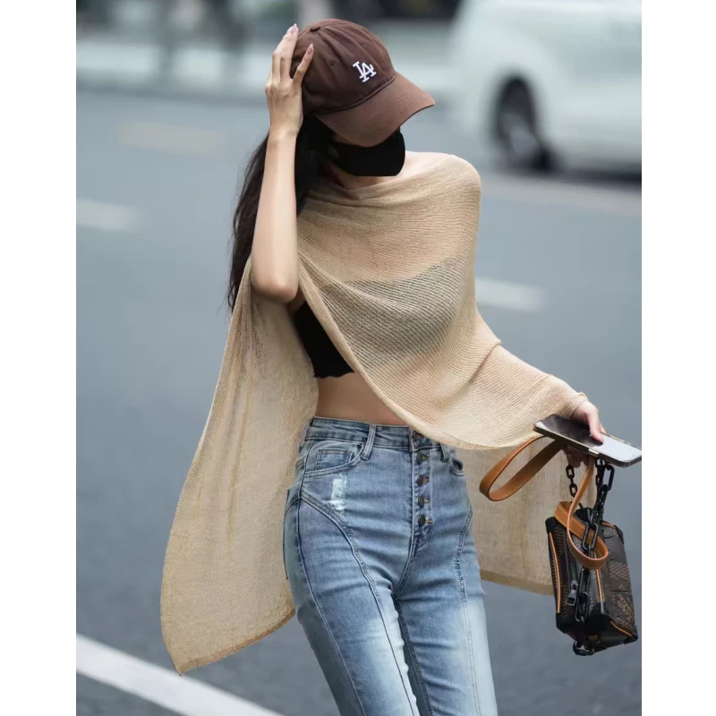 Irregular Cape Shawl Sun Protection Sunscreen Air Conditioning Clothes Women Loose Thin Ice Silk Knitted Top