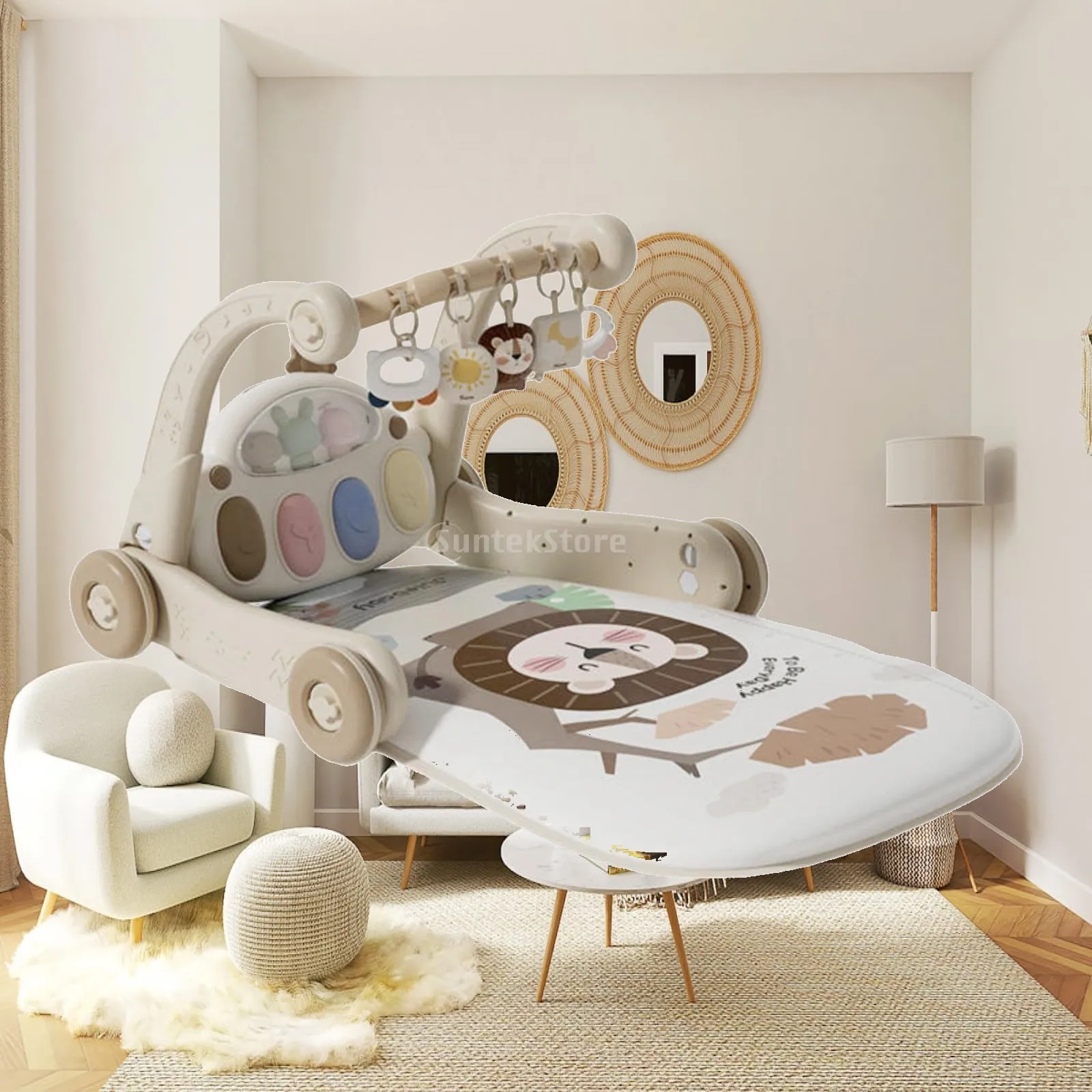 Newborn Piano Gym Play Mat with Hanging Ornaments and Floor Pad for Infant Development