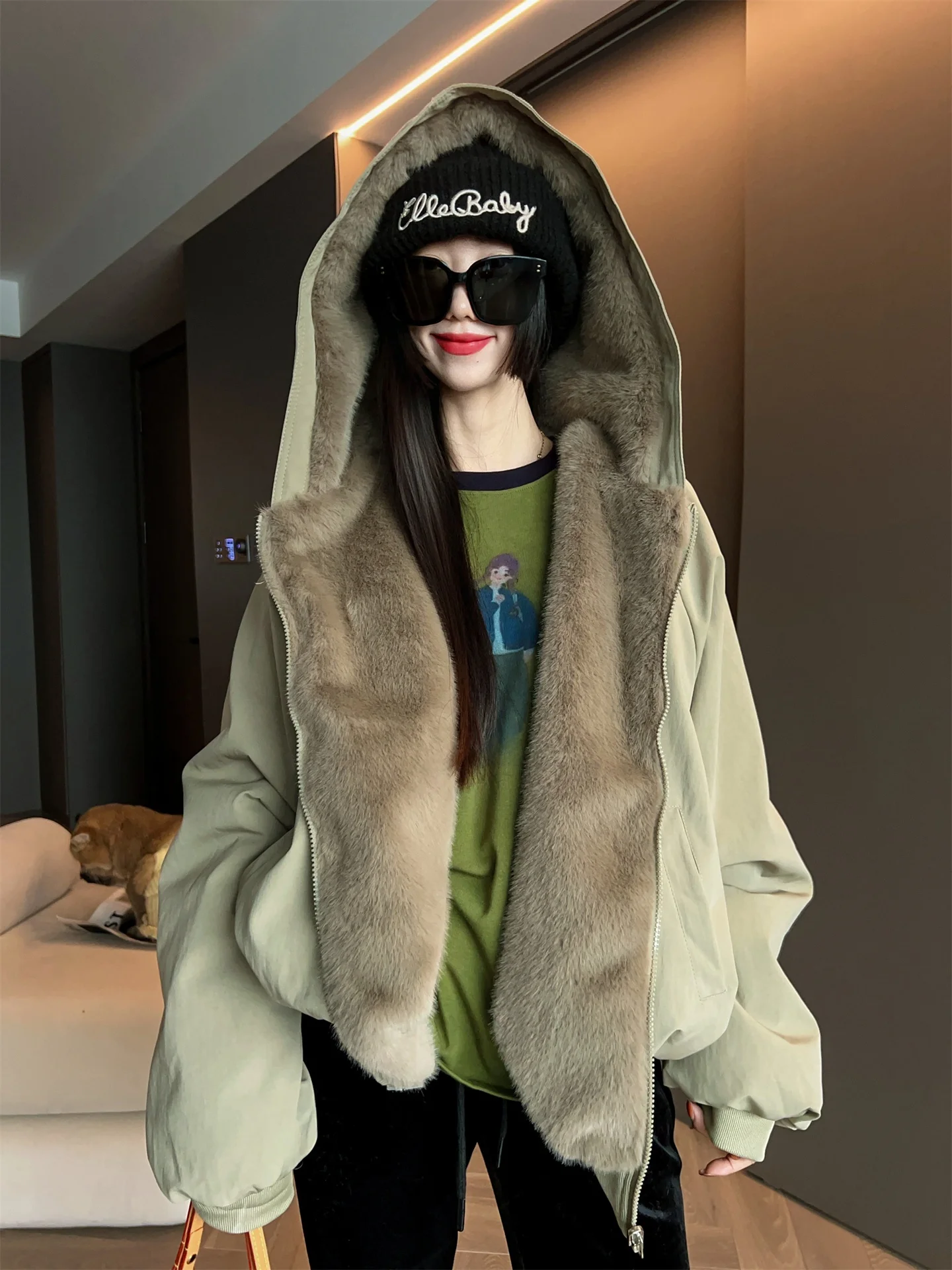 

MRS AO Thiened Hooded Jaet Women's Winter Casual Loose Versatile Double-Sided Wearable Coat Top Faionable Outerwear