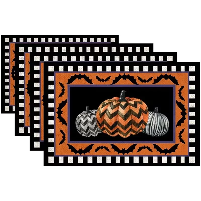 Halloween Striped Pumpkin Linen Placemats, Bat Border Printed Table Mats, Spooky Fall Dining Decoration