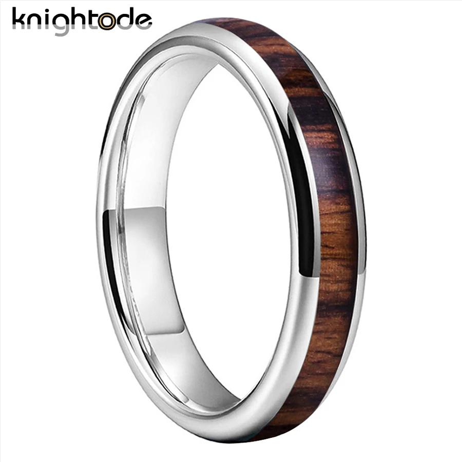 4mm Silvery Tungsten Carbide Rings Deep RoseWood Inlay For Men Women Wedding Band Domed Polished Comfort Fit