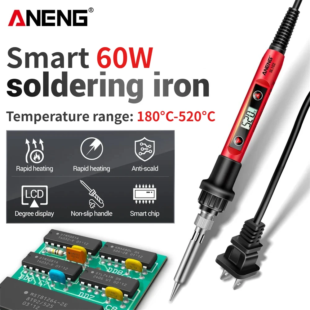 ANENG SL102 60W Digital Soldering Iron Adjustable Temperature 180℃-520℃ LCD Display Electric Welding Iron Kit  110V US Plug