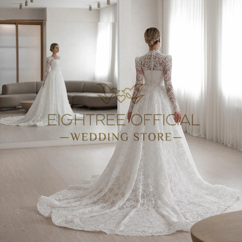 Eightree Elegant A-Line Wedding Dresses Princess Long Sleeve Lace Wedding Gowns Boho Beach Bridal Ball Prom Dress Customized