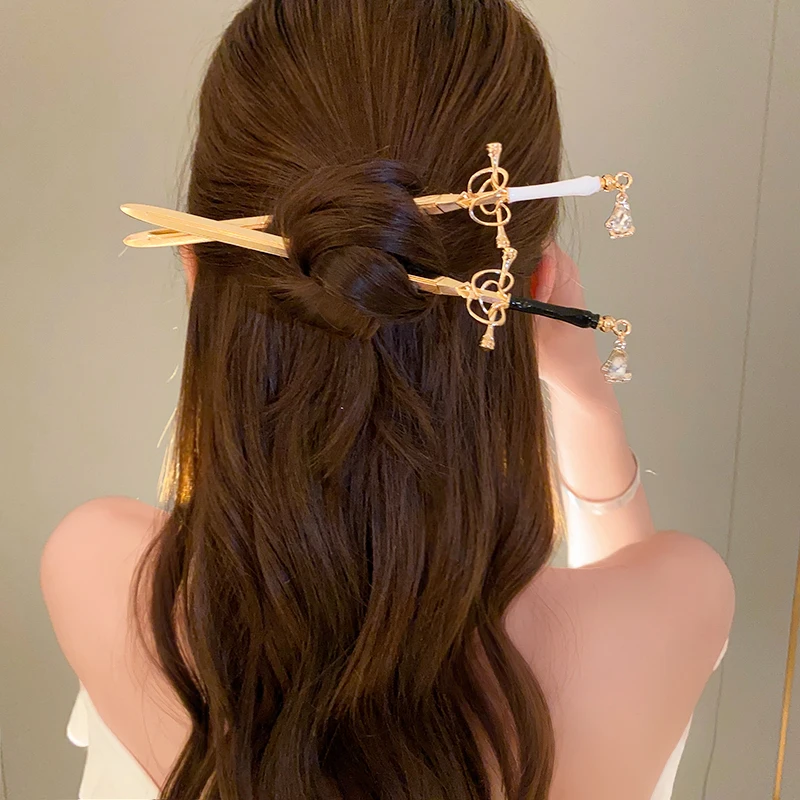 Chinese Style Sword Hairpin For Women Retro Inlaid Ruby Rhinestone Hair Sticks DIY Hairstyle Design Tools Dish Accessories