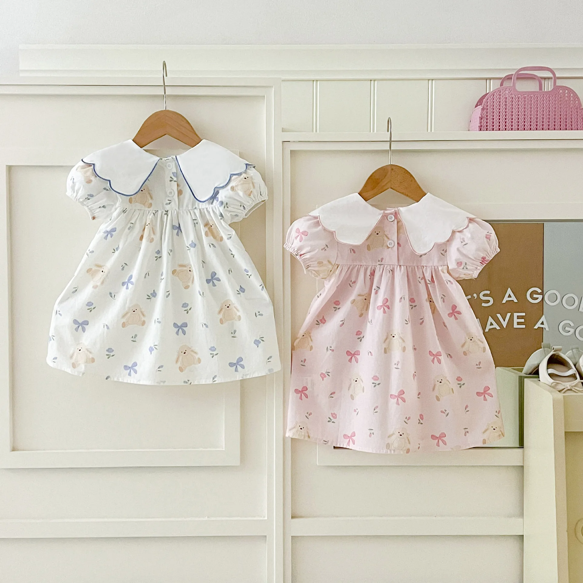 Ins Girls' Summer Pure Cotton Bow Embroidered Print Lapel Dress, Versatile Short Sleeved Dress for Children