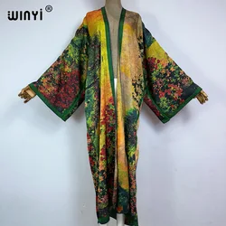 2023 WINYI jesienna wysokiej jakości dwustronna sukienka jedwabna odzież plażowa z nadrukiem kardigan w stylu Boho elegancka seksowna wakacyjna Kimono z długim rękawem