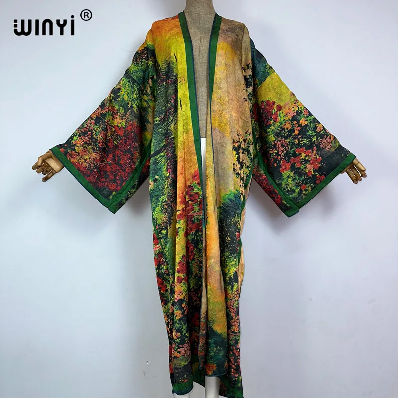 2023 WINYI Autumn High-quality Double-sided Printed Silk Dress Beach Wear Boho Cardigan Elegant Sexy Holiday Long Sleeve Kimono