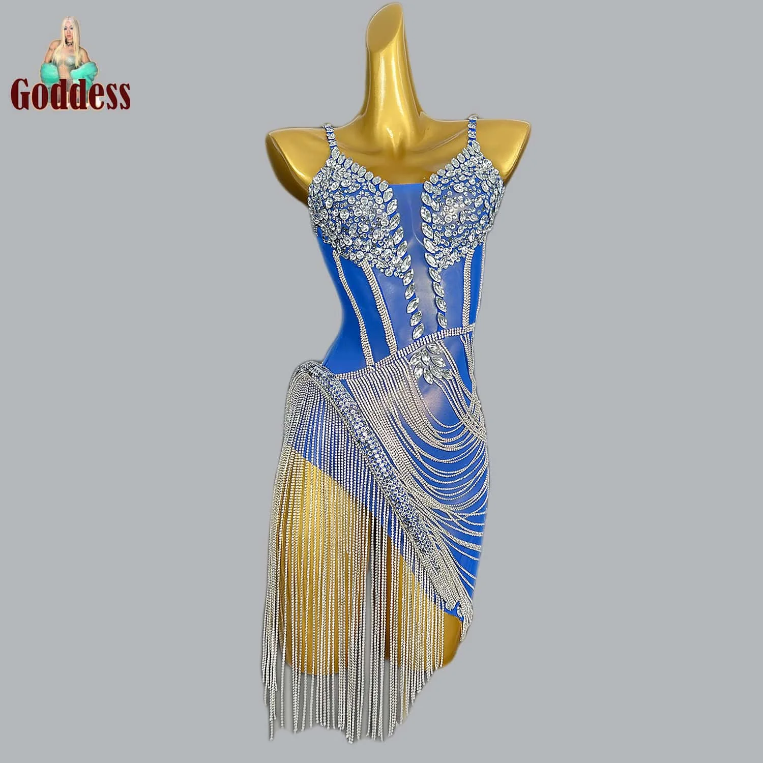 

Shining Rhinestone Tassel Latin Dance Dress for Women Sexy Crystal Nightclub Party Singer Dancer Performance Stage Strap Dress