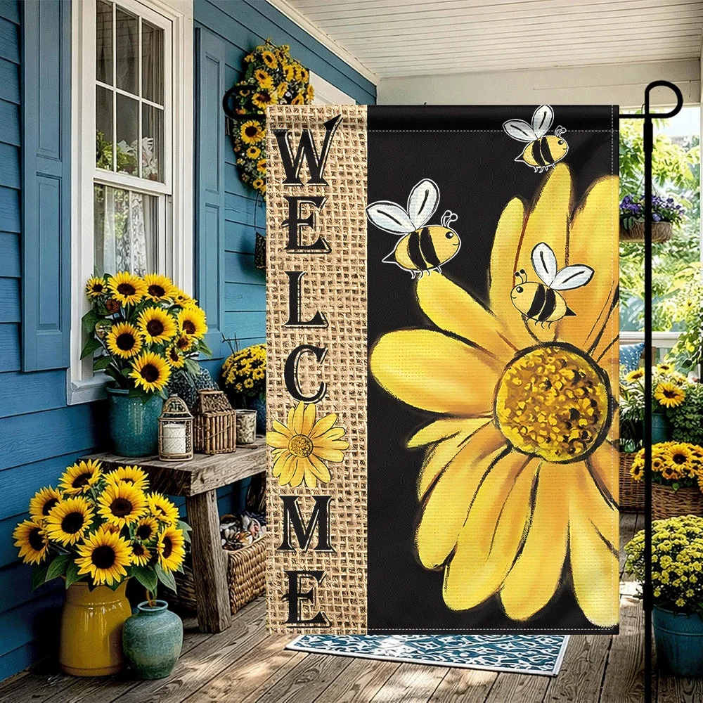 

1PC Welcome Sunflower Garden Flag Burlap Vertical Double Sided Bee Decorative Yard Flag for Outdoor Patio Lawn